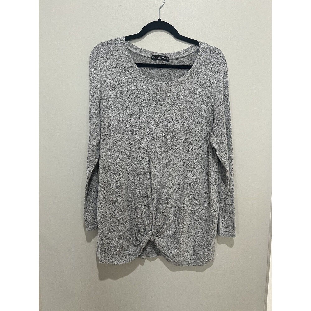 Kim & Cami Gray Marbled Long Sleeve Knotted Front T-Shirt - XL